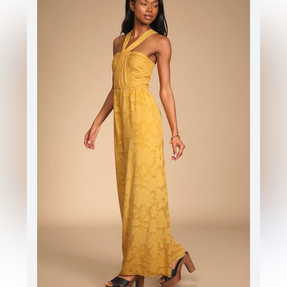 Lulus Lovely Celebration Yellow Floral Burnout Chiffon Jumpsuit